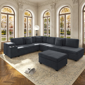 English Elm 110.2" Corduroy Sectional Sleeper Sofa with Ottoman Usb Ports Storage Armrests Living Room Dark Gray W3219S00012