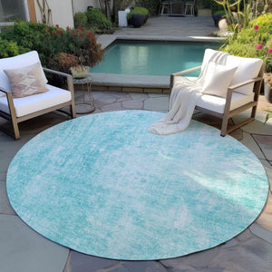 HomeRoots 5' Teal Blue and Ivory Abstract Area Rug - Stylish, Washable, Durable for Indoor and Outdoor Use 8' Round 580270