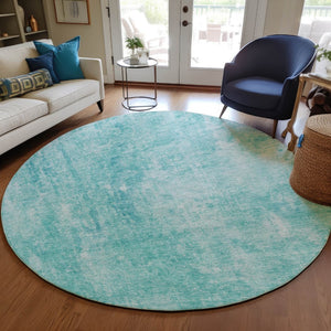 HomeRoots 5' Teal Blue and Ivory Abstract Area Rug - Stylish, Washable, Durable for Indoor and Outdoor Use 8' Round 580270