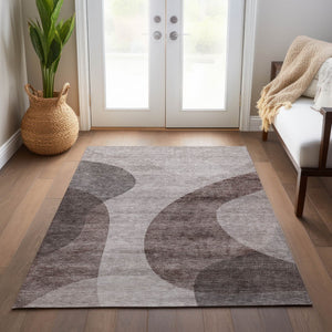 Homeroots 3' Beige And Chocolate Abstract Washable Area Rug – Perfect For Indoor And Outdoor Spaces! 5' X 8' Polyester 580299