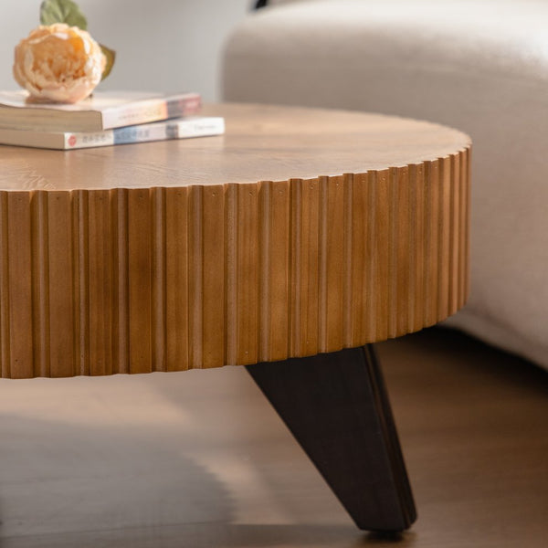 English Elm 35.4 Modern Round Retro Coffee Table with Solid Wood & MDF, Sturdy 110lb Capacity, Stylish Centerpiece Natural W757P241081