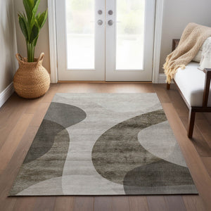Homeroots 3' Beige And Chocolate Abstract Washable Area Rug – Perfect For Indoor And Outdoor Spaces! 10' X 14' Polyester 580315