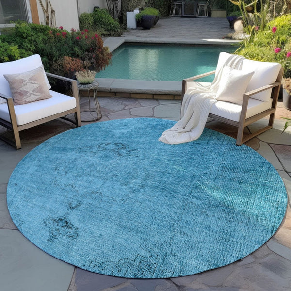 HomeRoots 5' Denim Blue and Navy Oriental Area Rug - Durable, Washable Design for Indoor and Outdoor Spaces 8' Round 580330