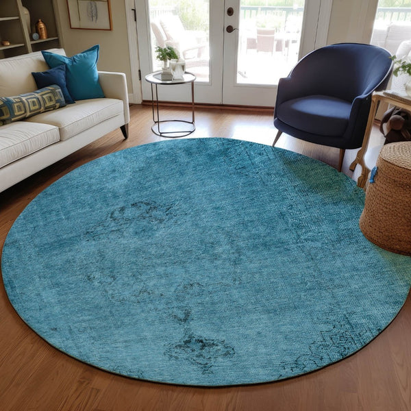 HomeRoots 5' Denim Blue and Navy Oriental Area Rug - Durable, Washable Design for Indoor and Outdoor Spaces 8' Round 580330