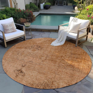 HomeRoots 5' Classic Oriental Area Rug in Copper Orange & Brown | Durable, Washable for Indoor & Outdoor Use 8' Round 580336