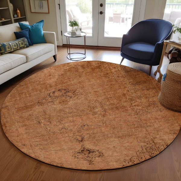 HomeRoots 5' Classic Oriental Area Rug in Copper Orange & Brown | Durable, Washable for Indoor & Outdoor Use 8' Round 580336