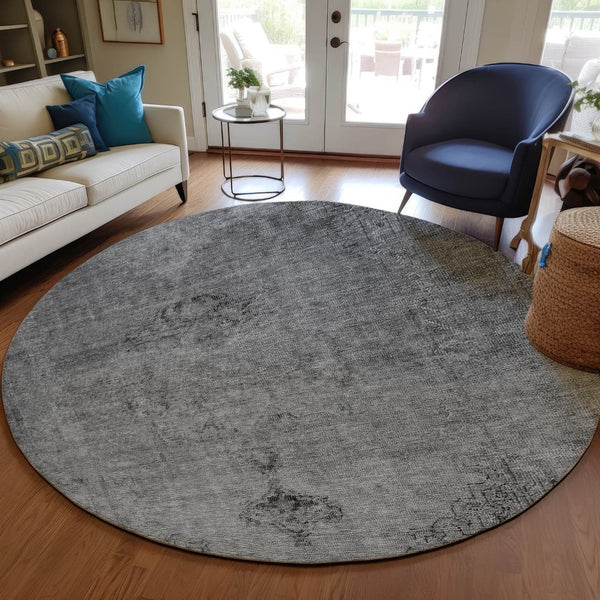 HomeRoots 5' Stylish Gray Silver Charcoal Oriental Washable Area Rug for Indoor and Outdoor Versatility 8' Round 580348