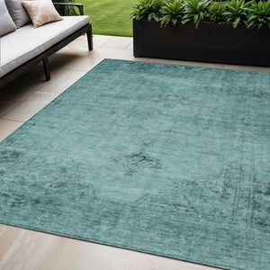 HomeRoots 5' Indoor Outdoor Teal Blue Turquoise Charcoal Oriental Area Rug - Stylish, Washable, Durable Design 5' X 8' 580365