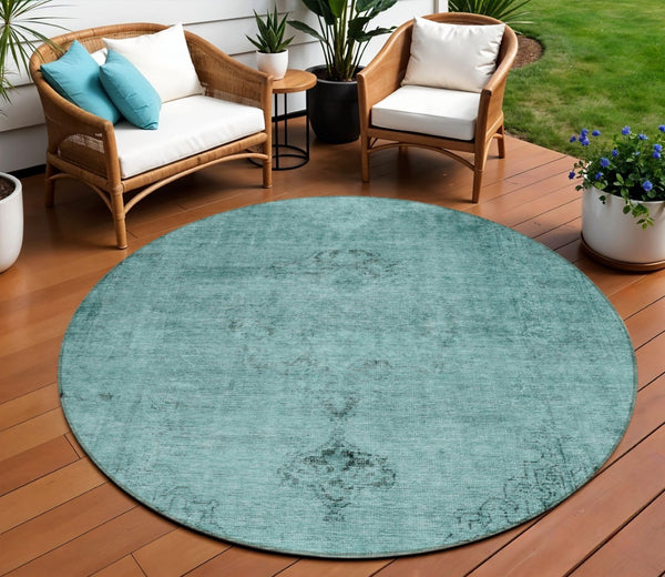HomeRoots 5' Indoor Outdoor Teal Blue Turquoise Charcoal Oriental Area Rug - Stylish, Washable, Durable Design 8' Round 580366