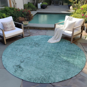 HomeRoots 5' Indoor Outdoor Teal Blue Turquoise Charcoal Oriental Area Rug - Stylish, Washable, Durable Design 8' Round 580366