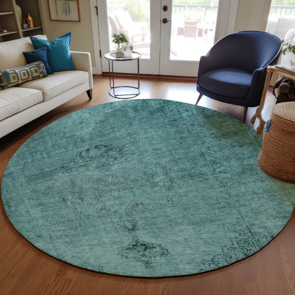 HomeRoots 5' Indoor Outdoor Teal Blue Turquoise Charcoal Oriental Area Rug - Stylish, Washable, Durable Design 8' Round 580366