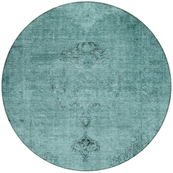 HomeRoots 5' Indoor Outdoor Teal Blue Turquoise Charcoal Oriental Area Rug - Stylish, Washable, Durable Design 8' Round 580366