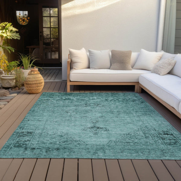 HomeRoots 9' Vibrant Teal Blue Turquoise Charcoal Oriental Area Rug - Durable, Washable, Indoor & Outdoor Use 9' X 12' 580368