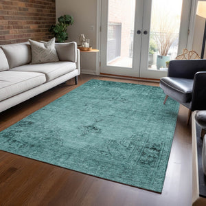 HomeRoots 9' Vibrant Teal Blue Turquoise Charcoal Oriental Area Rug - Durable, Washable, Indoor & Outdoor Use 9' X 12' 580368