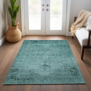 HomeRoots 9' Vibrant Teal Blue Turquoise Charcoal Oriental Area Rug - Durable, Washable, Indoor & Outdoor Use 9' X 12' 580368