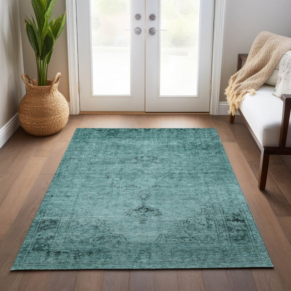 HomeRoots 9' Vibrant Teal Blue Turquoise Charcoal Oriental Area Rug - Durable, Washable, Indoor & Outdoor Use 9' X 12' 580368