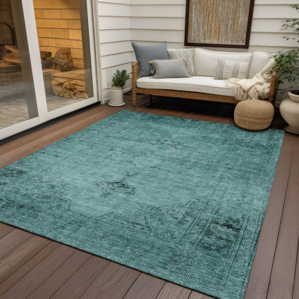 HomeRoots 9' Vibrant Teal Blue Turquoise Charcoal Oriental Area Rug - Durable, Washable, Indoor & Outdoor Use 9' X 12' 580368