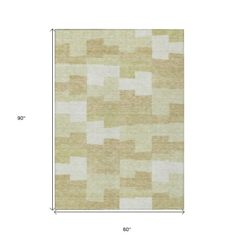 Homeroots 3' Stylish Beige Ivory And Brown Geometric Washable Area Rug For Indoor Outdoor Spaces 5' X 8' Polyester 580371