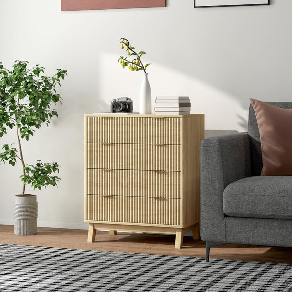 English Elm Homcom Fluted 4 Drawer Chest with Gold Pulls Rubberwood Legs Bedroom Storage W2225P485630