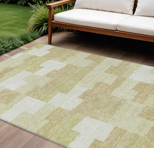 Homeroots 3' Stylish Beige Ivory And Brown Geometric Washable Area Rug For Indoor Outdoor Spaces 9' X 12' Polyester 580374