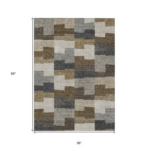 Homeroots 3' Stylish Beige Ivory And Brown Geometric Washable Area Rug For Indoor Outdoor Spaces 3' X 5' Polyester 580376