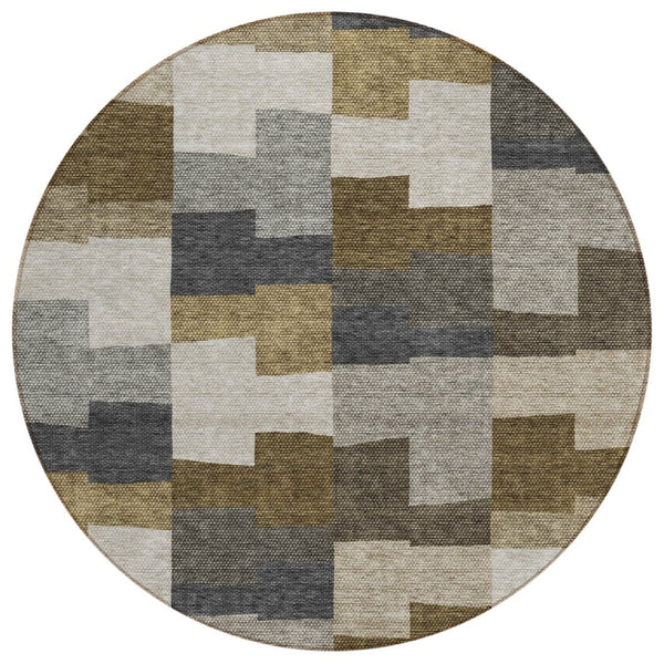 HomeRoots 5' Modern Brown Beige and Ivory Geometric Washable Area Rug for Indoor and Outdoor Spaces 8' Round 580378