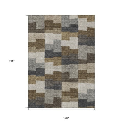 Homeroots 3' Stylish Beige Ivory And Brown Geometric Washable Area Rug For Indoor Outdoor Spaces 10' X 14' Polyester 580381
