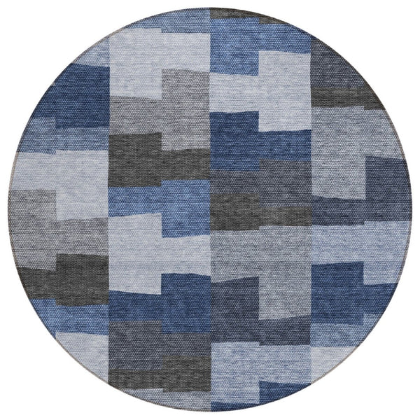 HomeRoots 5' Stylish Navy and Sky Blue Geometric Washable Area Rug for Indoor and Outdoor Spaces, Durable Design 8' Round 580384