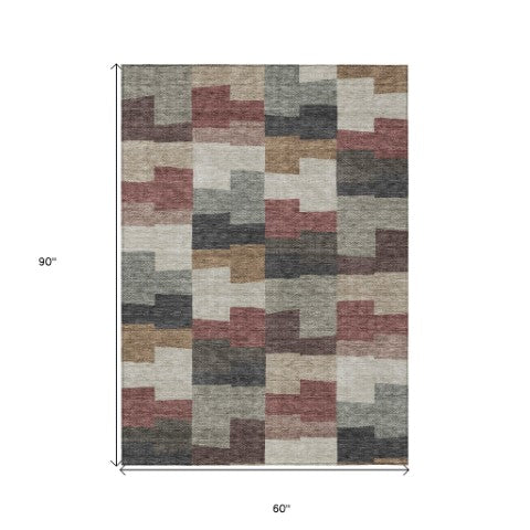 Homeroots 3' Stylish Beige Ivory And Brown Geometric Washable Area Rug For Indoor Outdoor Spaces 5' X 8' Polyester 580407