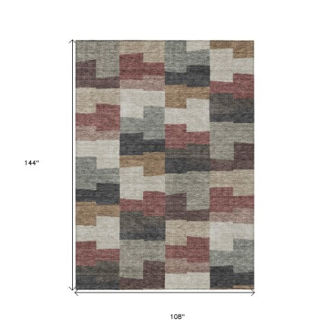 Homeroots 3' Stylish Beige Ivory And Brown Geometric Washable Area Rug For Indoor Outdoor Spaces 9' X 12' Polyester 580410