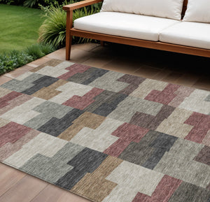 Homeroots 3' Stylish Beige Ivory And Brown Geometric Washable Area Rug For Indoor Outdoor Spaces 9' X 12' Polyester 580410