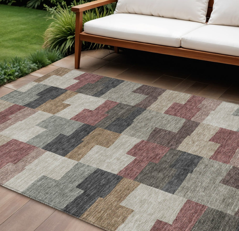 HomeRoots 5' Vibrant Orange Copper Charcoal Geometric Area Rug – Durable, Washable, Indoor/Outdoor Style 10' X 14' 580411