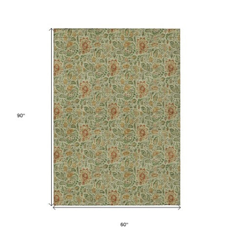 Homeroots 3' Green Floral Washable Area Rug - Stain Resistant, Durable Design For Indoor & Outdoor Spaces 5' X 8' Polyester 580425