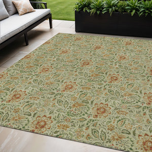 Homeroots 3' Green Floral Washable Area Rug - Stain Resistant, Durable Design For Indoor & Outdoor Spaces 5' X 8' Polyester 580425