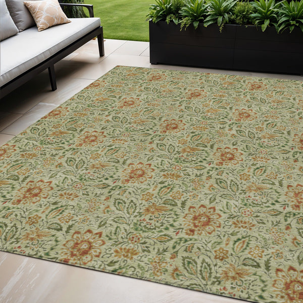 Homeroots 3' Green Floral Washable Area Rug - Stain Resistant, Durable Design For Indoor & Outdoor Spaces 5' X 8' Polyester 580425