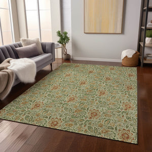 Homeroots 3' Green Floral Washable Area Rug - Stain Resistant, Durable Design For Indoor & Outdoor Spaces 5' X 8' Polyester 580425