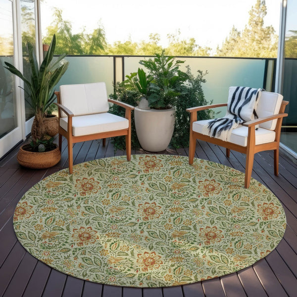 Homeroots 3' Green Floral Washable Area Rug - Stain Resistant, Durable Design For Indoor & Outdoor Spaces 8' Round Polyester 580426