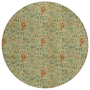 HomeRoots 5' Timeless Floral Area Rug in Green, Copper & Sage - Durable, Washable for Indoor & Outdoor Use 8' Round 580426
