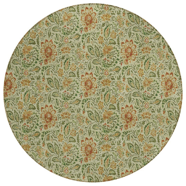 HomeRoots 5' Timeless Floral Area Rug in Green, Copper & Sage - Durable, Washable for Indoor & Outdoor Use 8' Round 580426