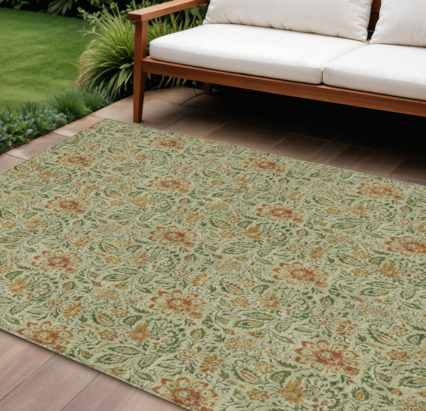 Homeroots 3' Green Floral Washable Area Rug - Stain Resistant, Durable Design For Indoor & Outdoor Spaces 8' X 10' Polyester 580427