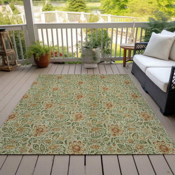 Homeroots 3' Green Floral Washable Area Rug - Stain Resistant, Durable Design For Indoor & Outdoor Spaces 8' X 10' Polyester 580427