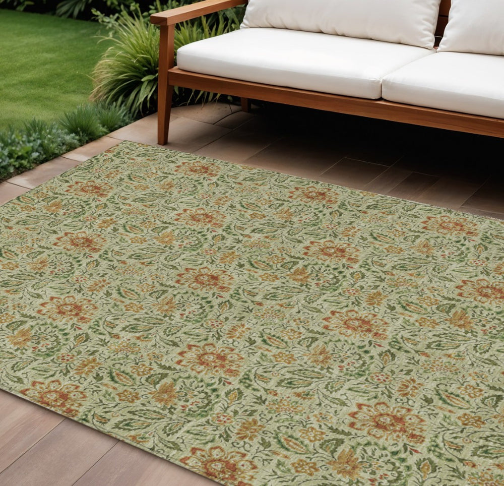 HomeRoots 9' Washable Floral Area Rug in Green, Copper & Sage - Durable, Stain-Resistant Indoor/Outdoor Design 9' X 12' 580428