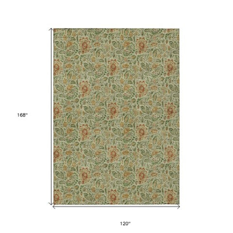 Homeroots 3' Green Floral Washable Area Rug - Stain Resistant, Durable Design For Indoor & Outdoor Spaces 10' X 14' Polyester 580429