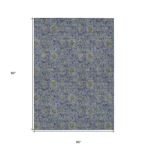 Homeroots 3' Green Floral Washable Area Rug - Stain Resistant, Durable Design For Indoor & Outdoor Spaces 5' X 8' Polyester 580431