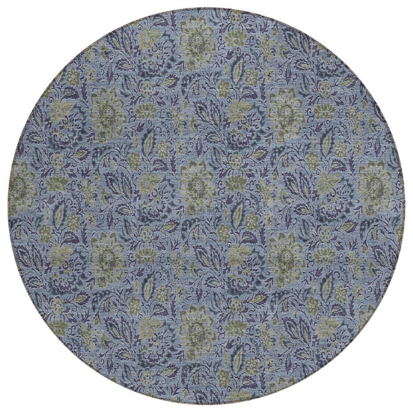 HomeRoots 5' Denim Blue Floral Area Rug - Stylish, Stain-Resistant & Machine Washable for Indoor/Outdoor Use 8' Round 580432
