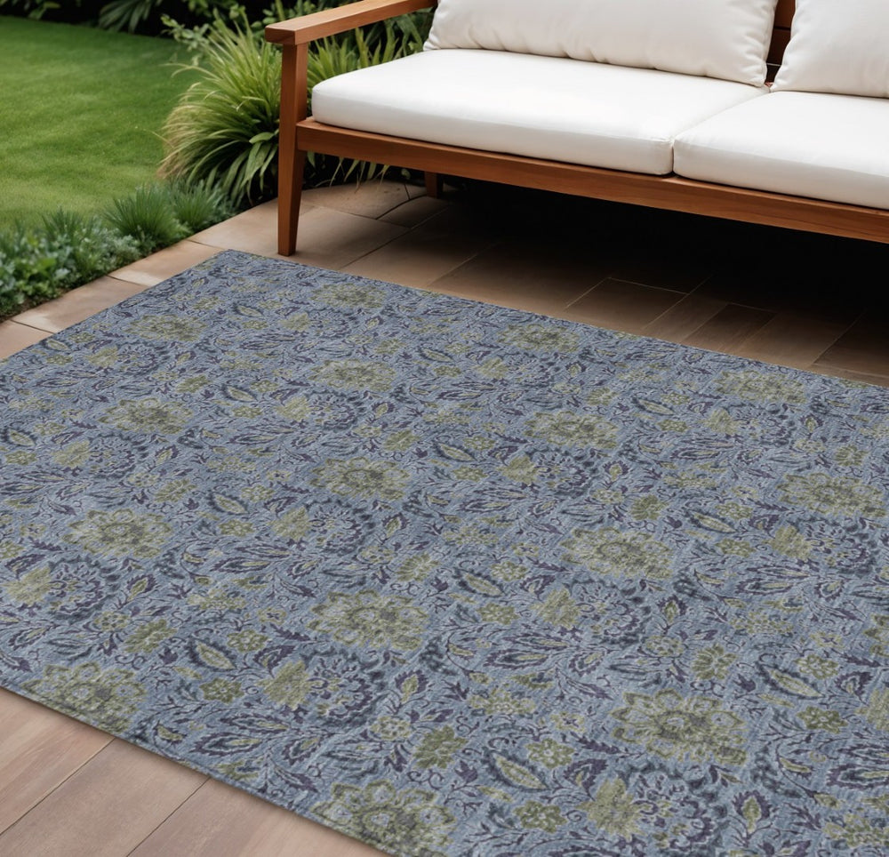 HomeRoots 9' Durable Floral Area Rug in Denim Blue, Navy & Gray - Washable, Perfect for Indoor & Outdoor Use 9' X 12' 580434
