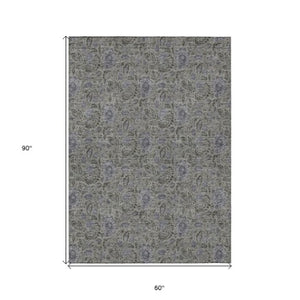 Homeroots 3' Green Floral Washable Area Rug - Stain Resistant, Durable Design For Indoor & Outdoor Spaces 5' X 8' Polyester 580443