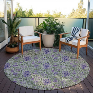 Homeroots 3' Green Floral Washable Area Rug - Stain Resistant, Durable Design For Indoor & Outdoor Spaces 8' Round Polyester 580456