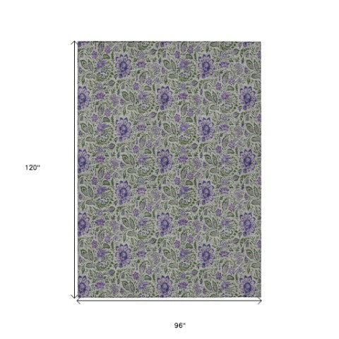 Homeroots 3' Green Floral Washable Area Rug - Stain Resistant, Durable Design For Indoor & Outdoor Spaces 8' X 10' Polyester 580457