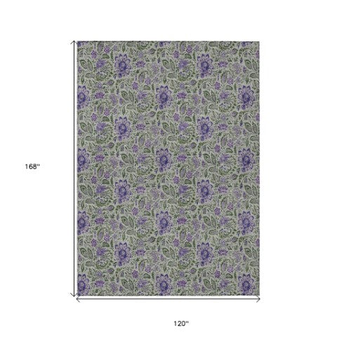 Homeroots 3' Green Floral Washable Area Rug - Stain Resistant, Durable Design For Indoor & Outdoor Spaces 10' X 14' Polyester 580459